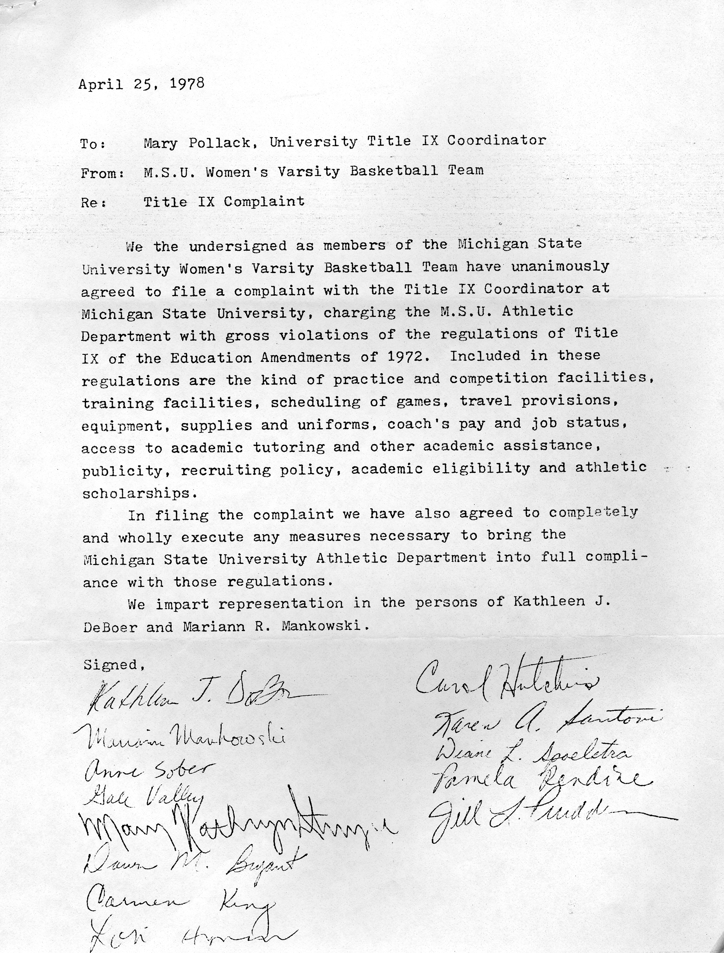 Michigan State Women's Basketball Varsity Team Title IX Complaint Letter Michigan State Women's Basketball Varsity Team Title IX Complaint Letter